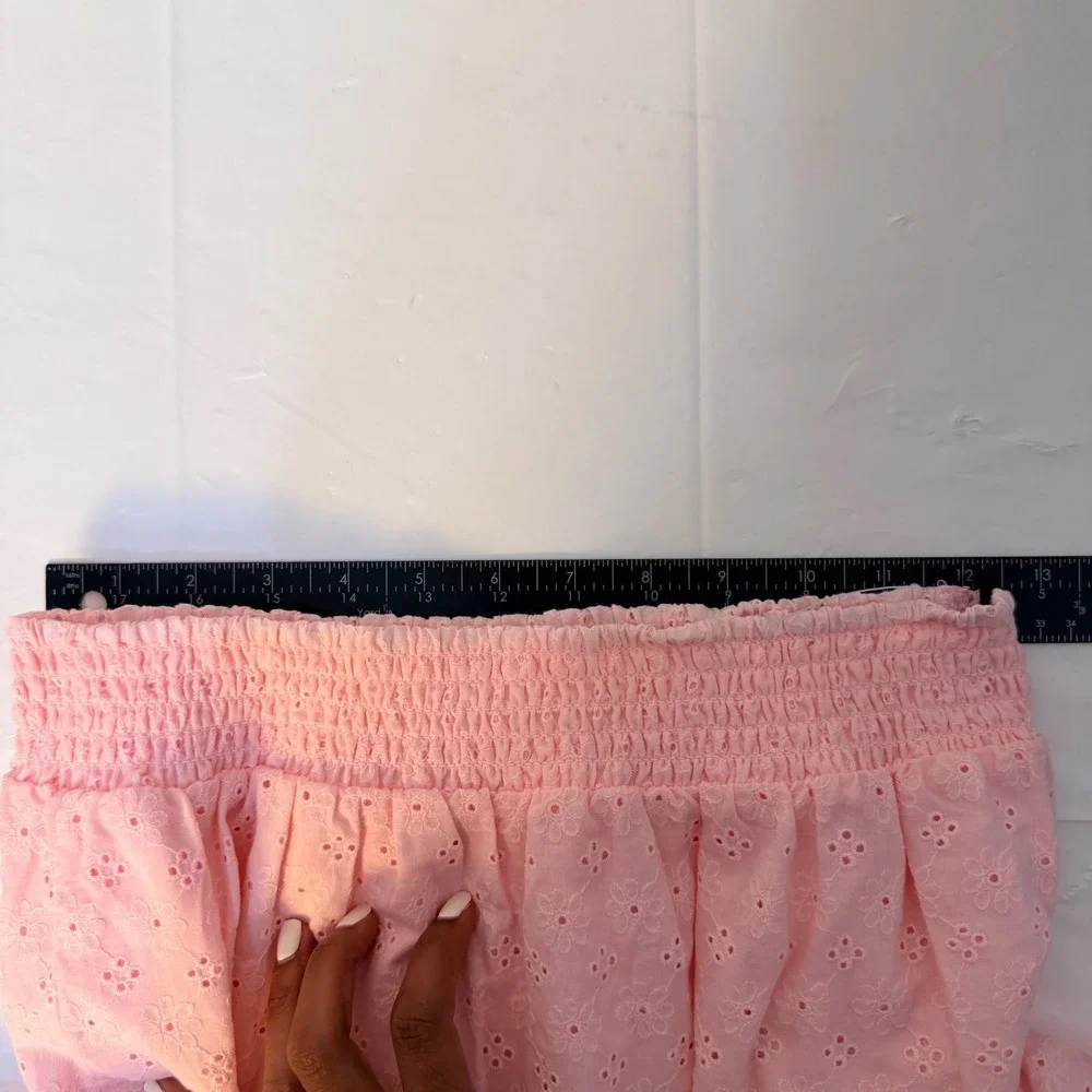 STatement Pink Eyelet Tiered Mini Skirt Smocked Waist Lace Trim PW2005384 Size M